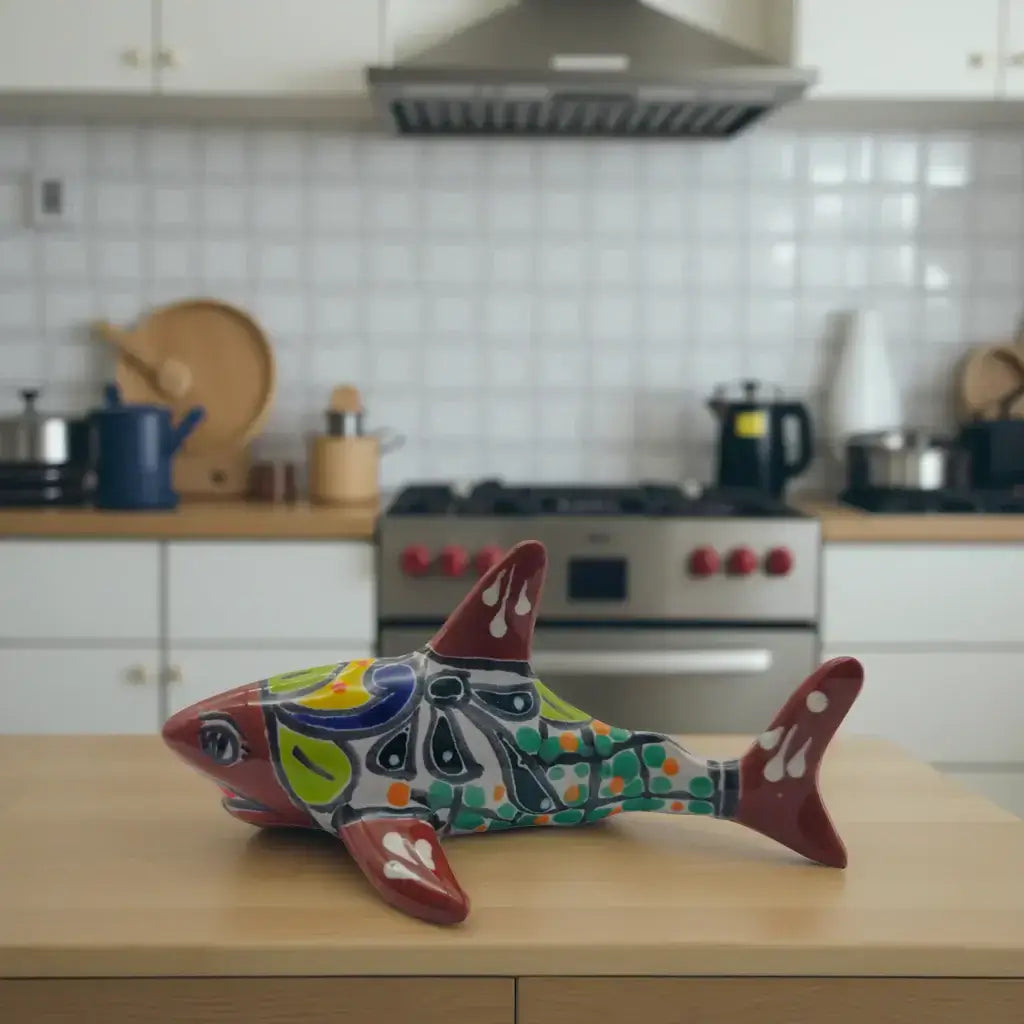 Vibrant Talavera Shark Figurine | Handmade Mexican Decor