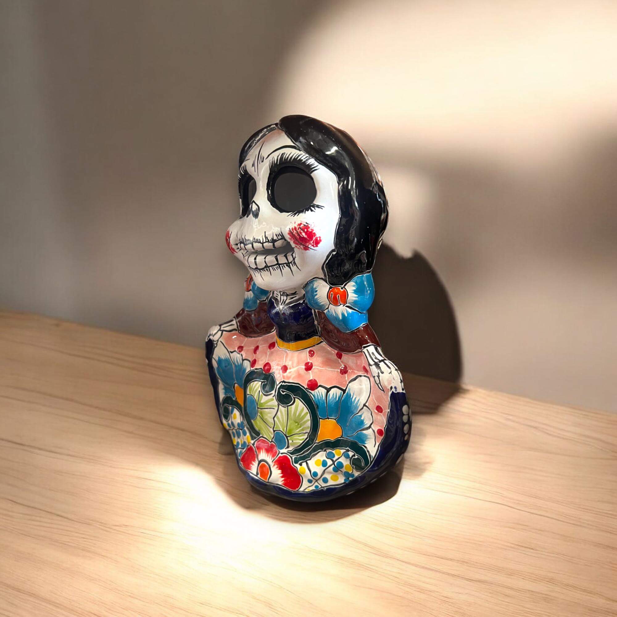 Vibrant Talavera Skeleton Woman Statue | Day of the Dead Decor