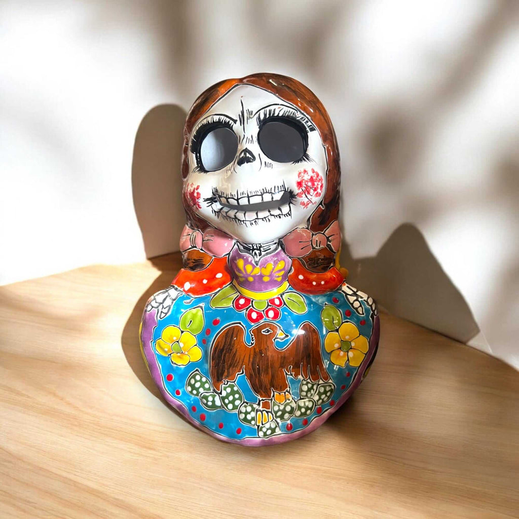 Vibrant Talavera Skeleton Woman Statue | Day of the Dead Decor