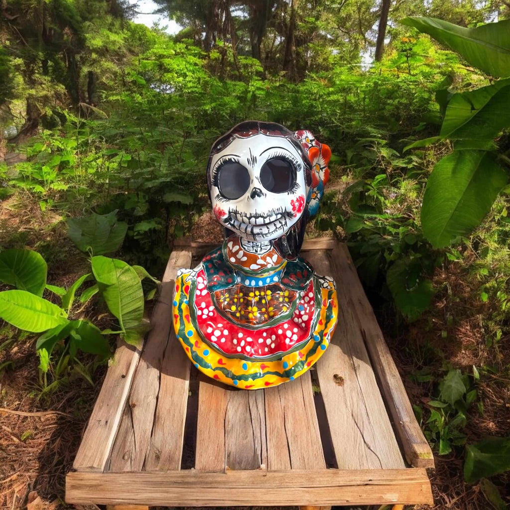 Vibrant Talavera Skeleton Woman Statue | Day of the Dead Decor
