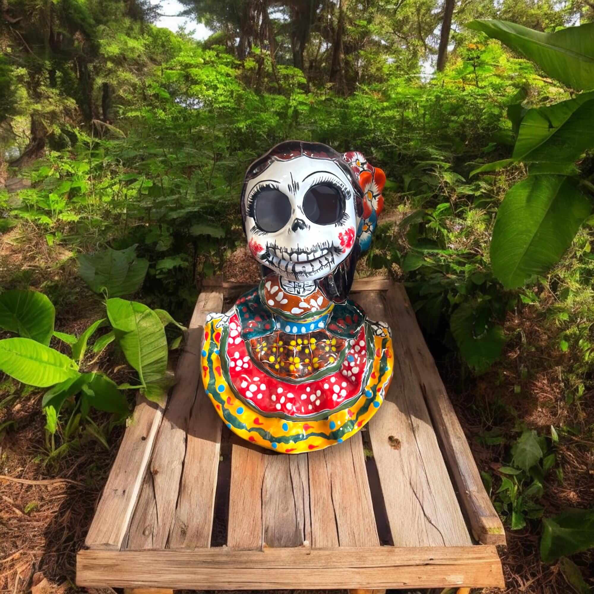 Vibrant Talavera Skeleton Woman Statue | Day of the Dead Decor