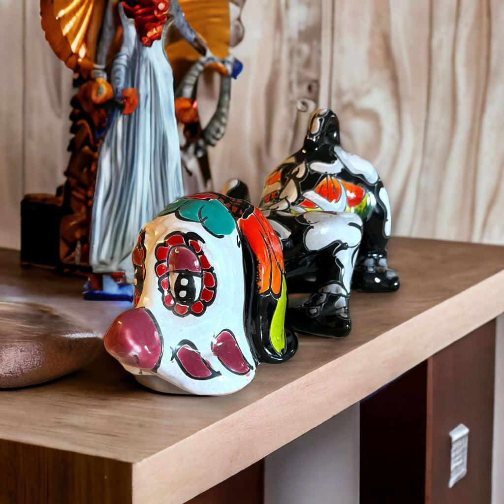 Handmade Talavera Day of the Dead Bloodhound Statue | Mexican Folk Art