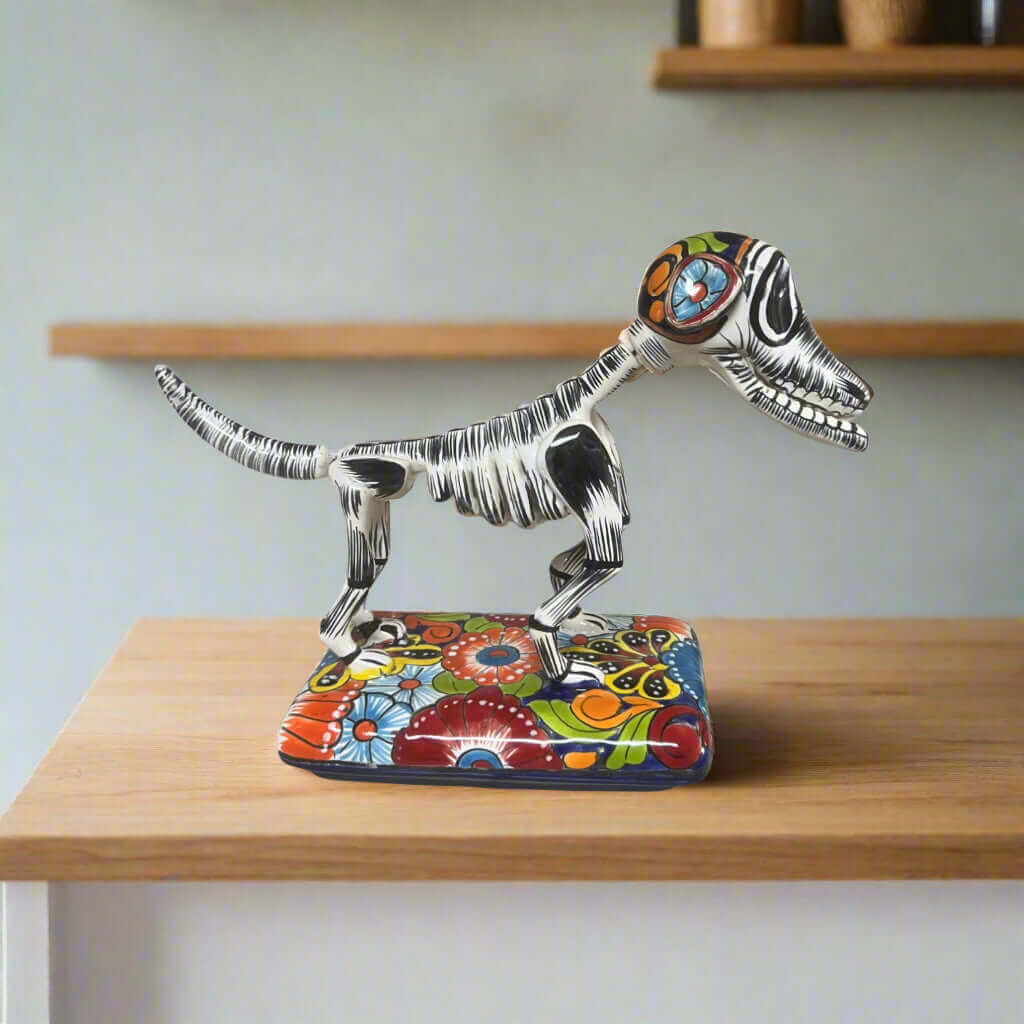 Colorful Talavera Skeleton Dog | Handmade Mexican Artistry