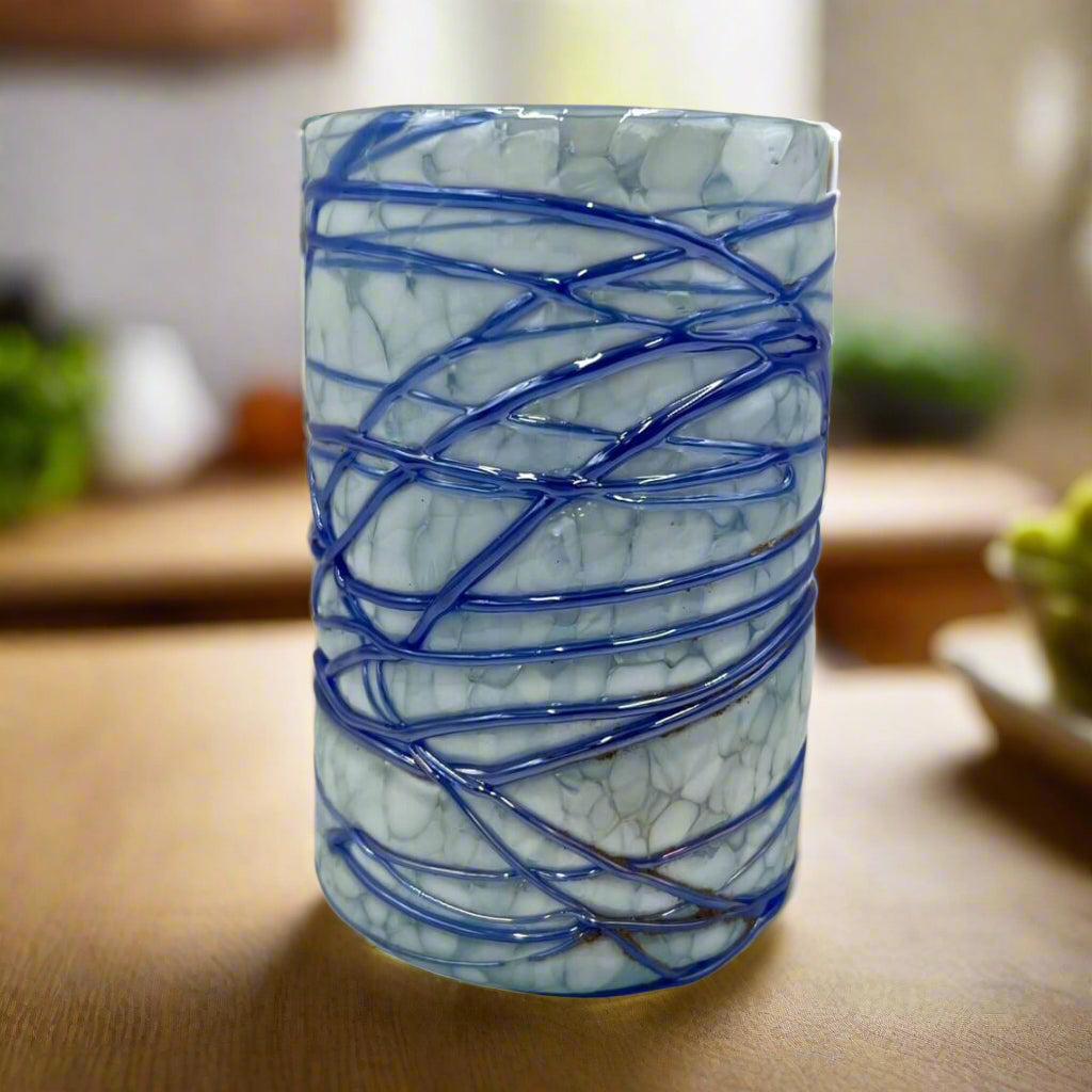 Mexican Hand-Blown Drinking Glasses | White and Blue Artisan Glassware