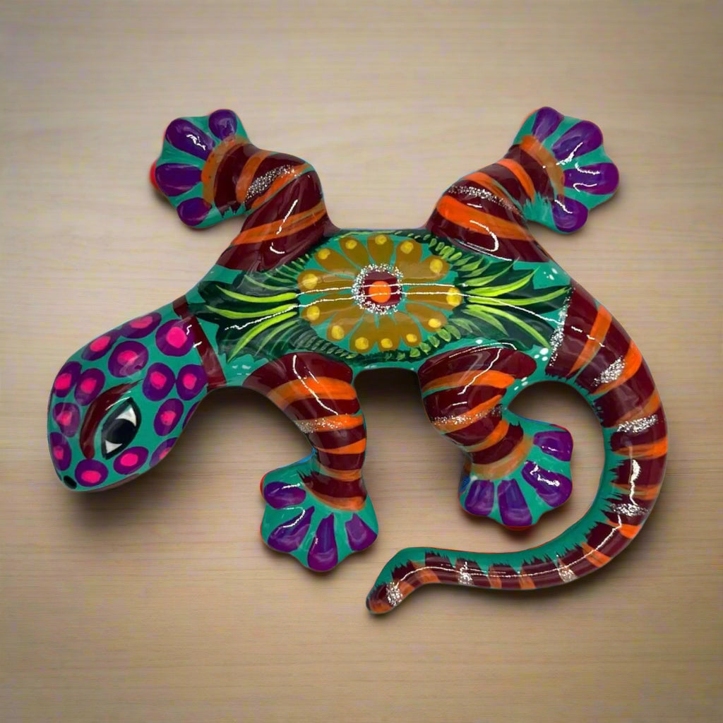 Hand-Painted Talavera Lizard Figurine | Colorful Mexican Wall Decor
