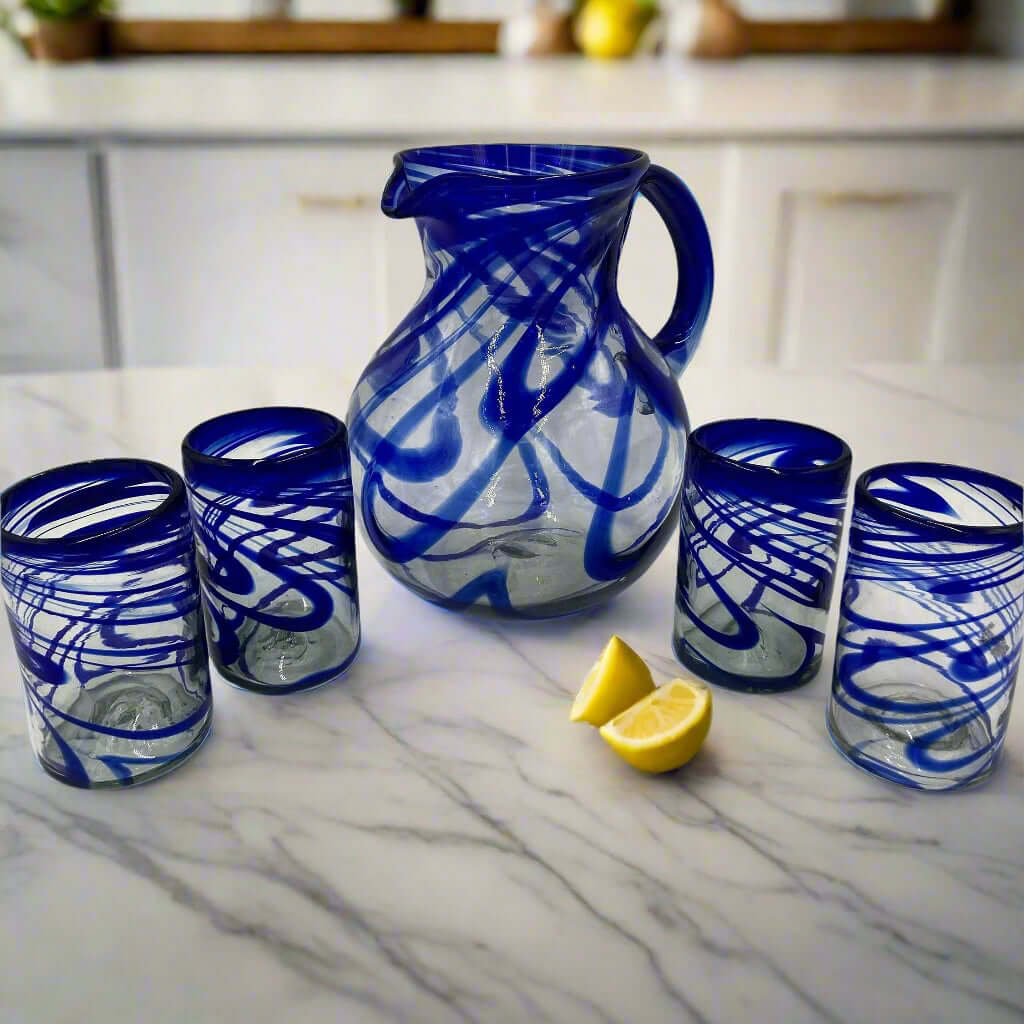 Blue Swirl Glass Pitcher | Hand-Blown Mexican Drinkware