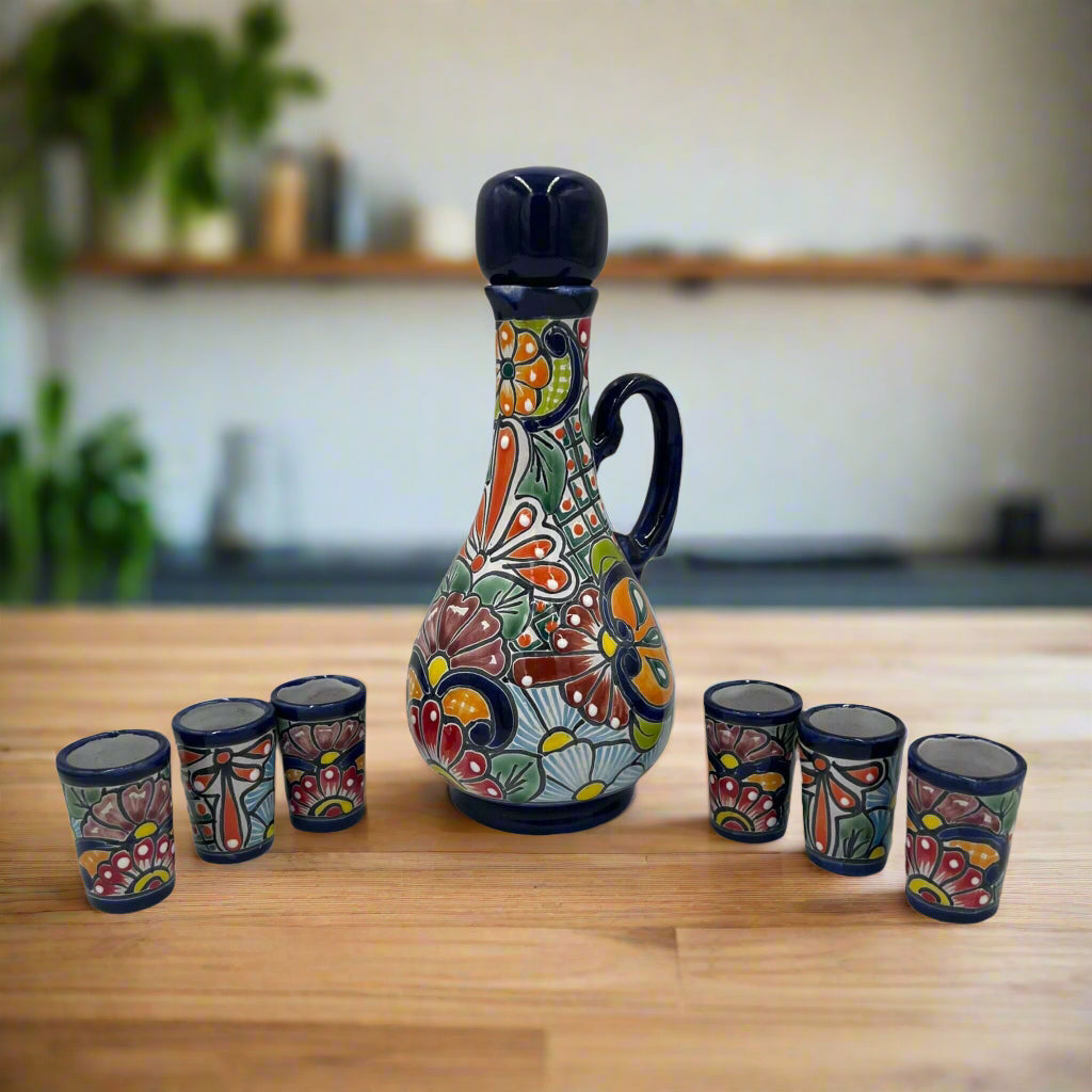 Talavera Decanter with 6 Shot Glasses | Hand-Painted Mexican Set