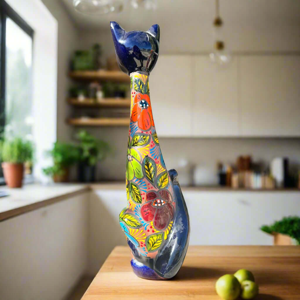 Mexican Handmade Talavera Cat Statue | Cultural Artwork