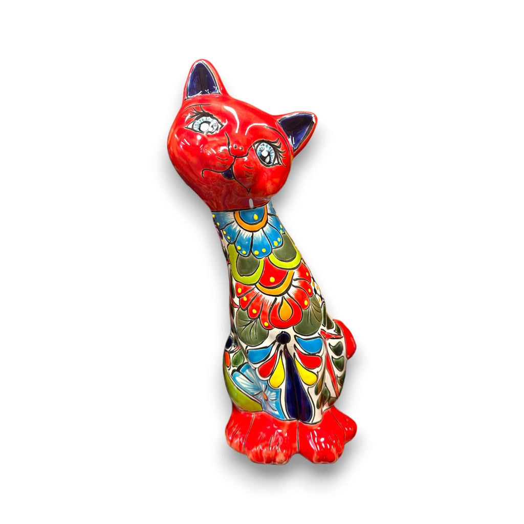 Talavera Curious Cat Statue | Mexican Folk Art Cat Figurine