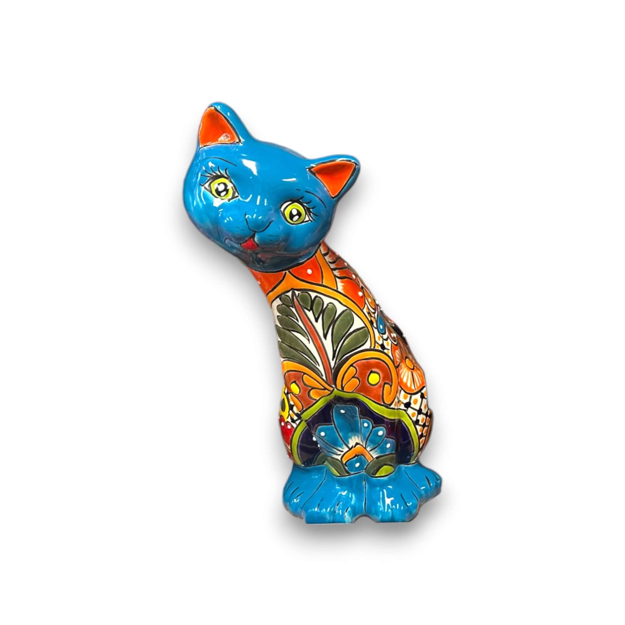 Talavera Curious Cat Statue | Mexican Folk Art Cat Figurine