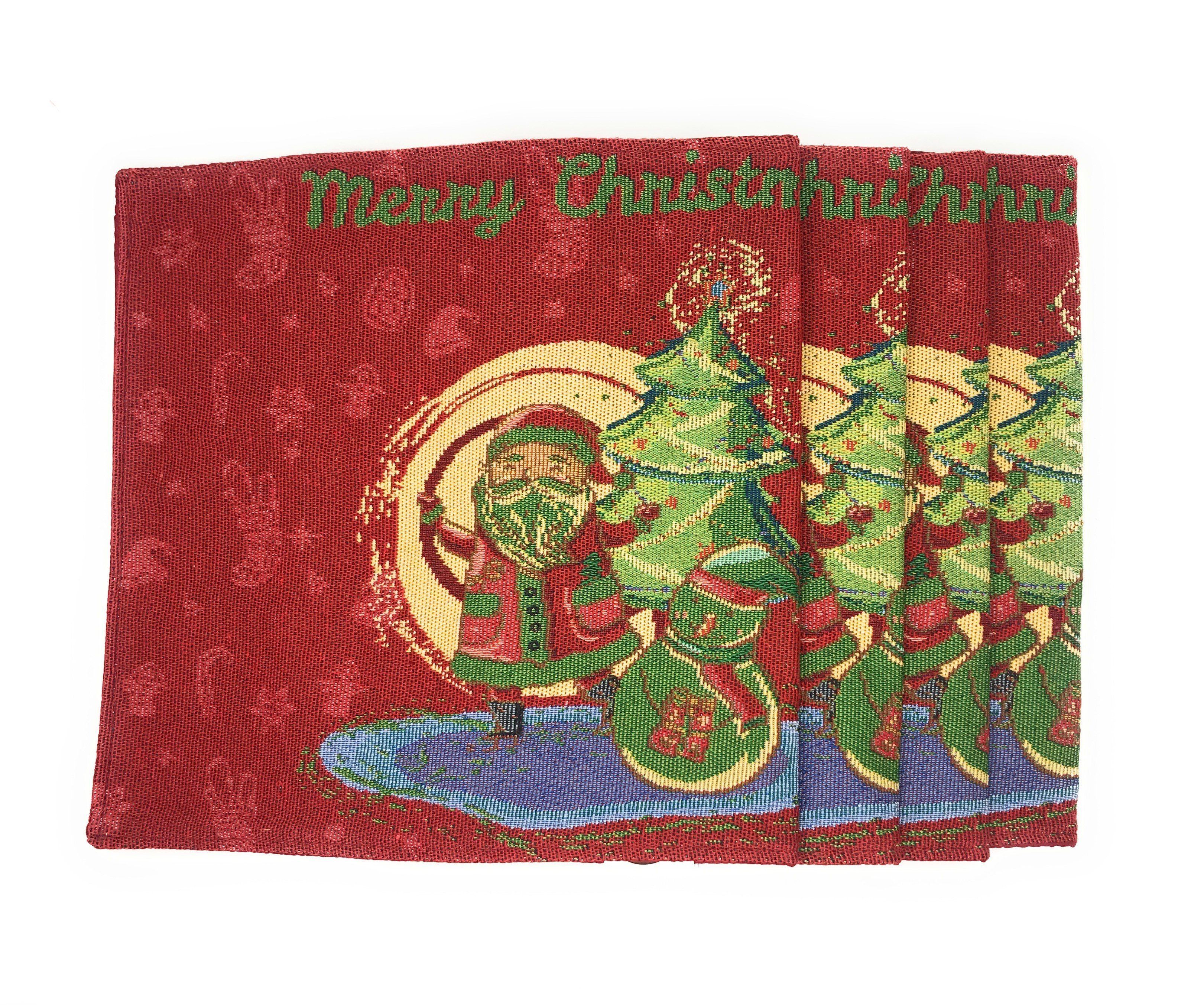 DaDa Bedding Set of 8 Pieces Red Santa Claus Holiday Table Tapestry - 4 Placemats, 2 Table Runners, 2 Throw Pillow Covers (17615)