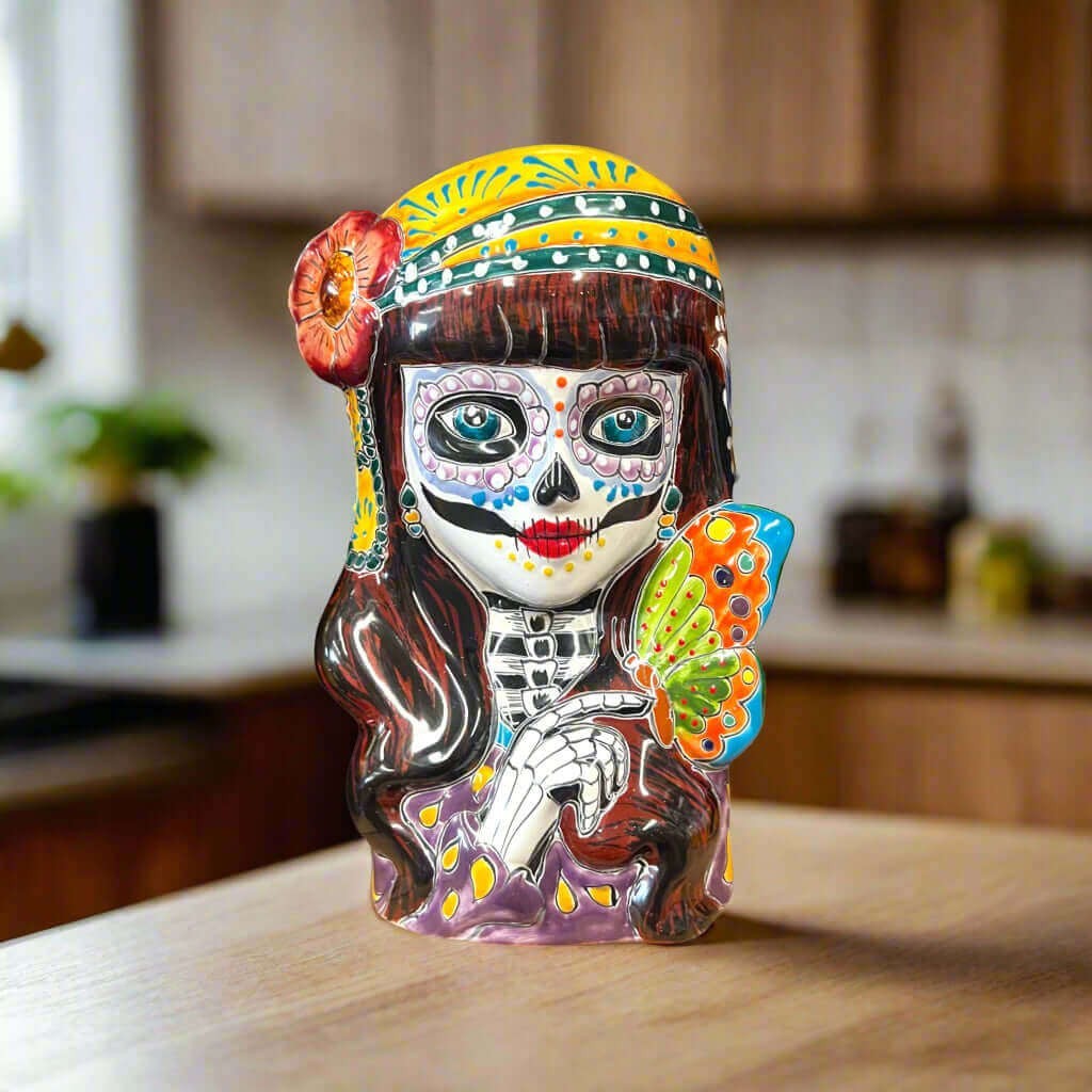 Talavera Butterfly Skull Planter | Colorful Day of the Dead Design