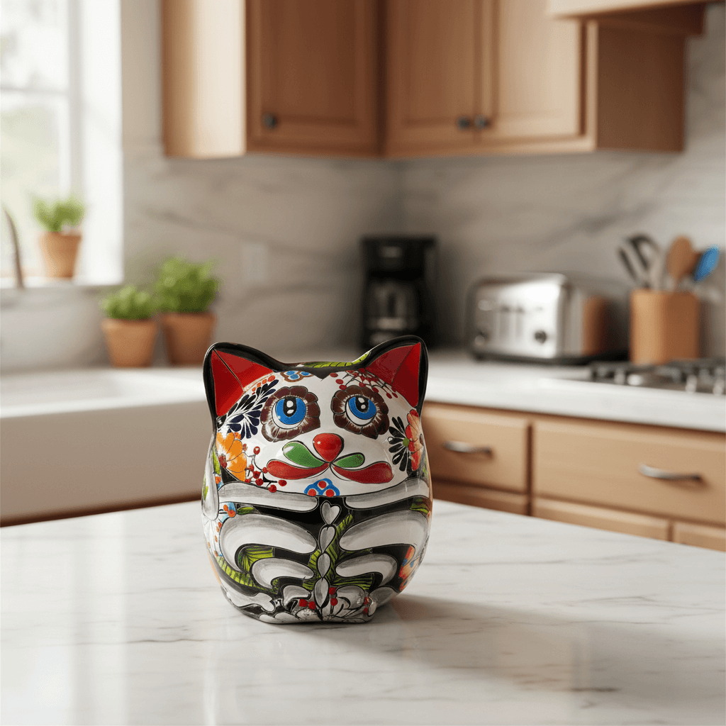 Talavera Fat Cat Planter | Day of the Dead Ceramic Art