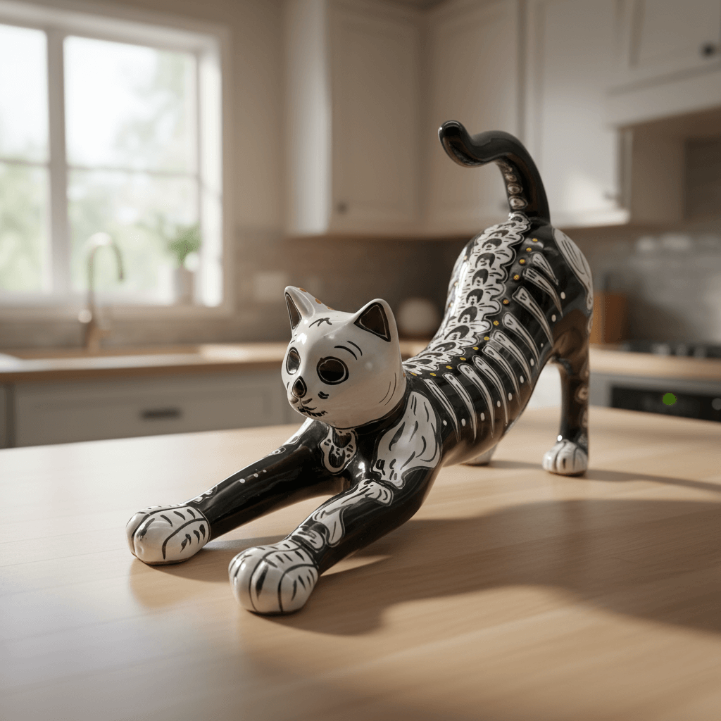 Talavera Stretching Cat Figurine | Hand-Painted Calavera Art