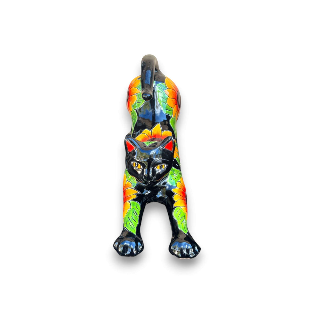 Talavera Stretching Cat Statue | Hand-Painted Sunflower Design
