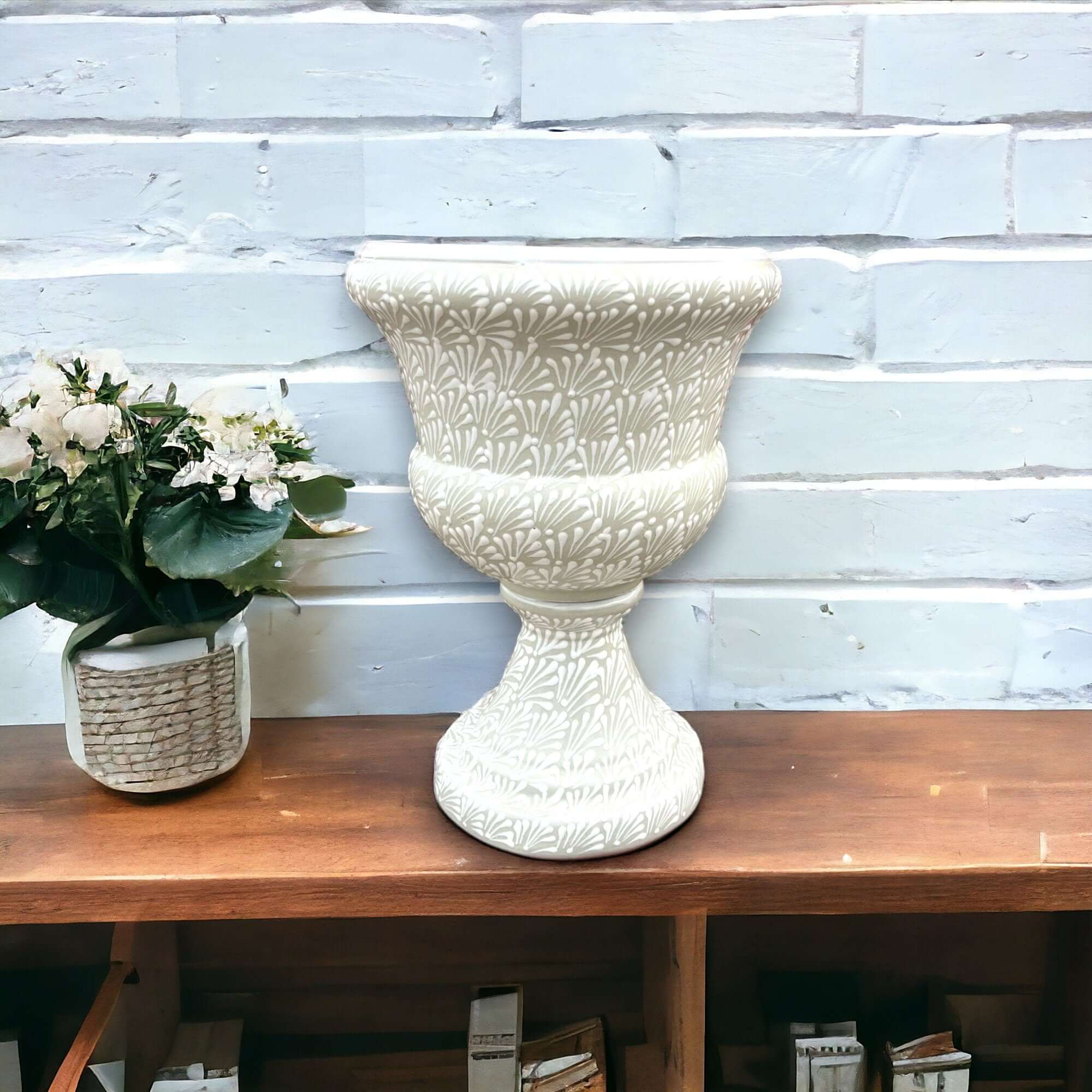 Talavera White Flower Pot | Handmade Mexican Ceramic Planter