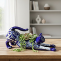 Blue Talavera Stretching Cat Planter | Mexican Folk Art Decor