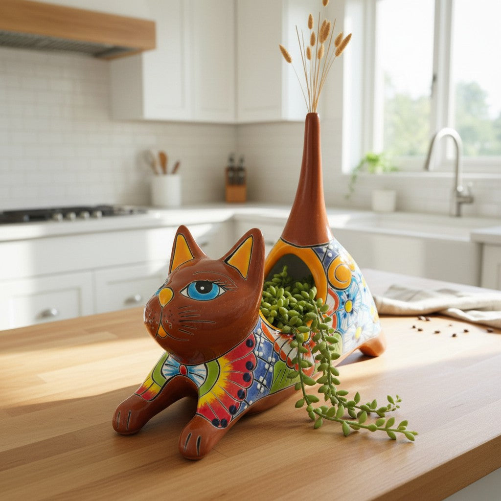 Talavera Cat Planter | Colorful Handmade Stretching Animal Pot