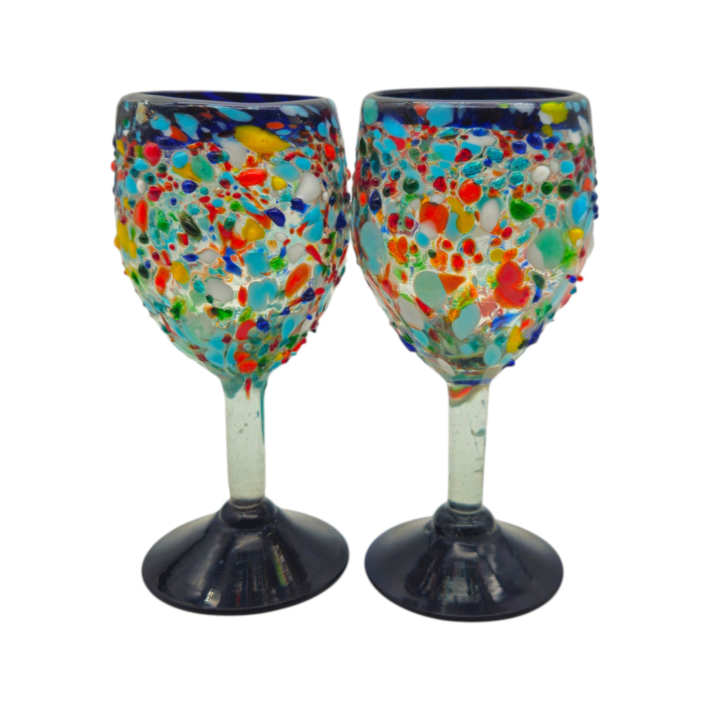 Hand-Blown Mexican Wine Glasses | Blue Rim Confetti Design