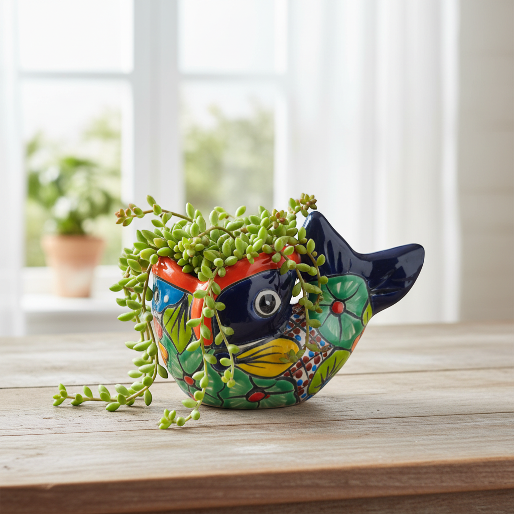 Colorful Talavera Fish Planter | Mexican Hand-Painted Pottery