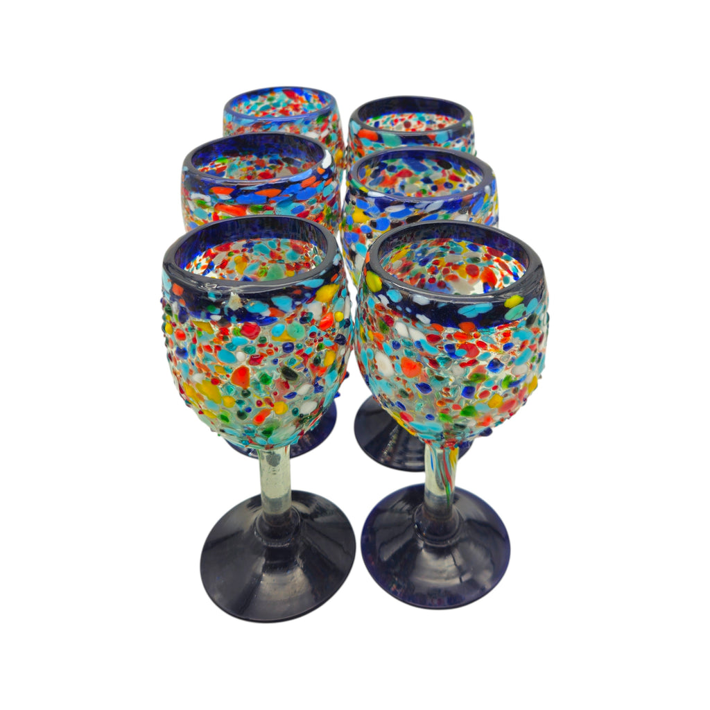 Hand-Blown Mexican Wine Glasses | Blue Rim Confetti Design