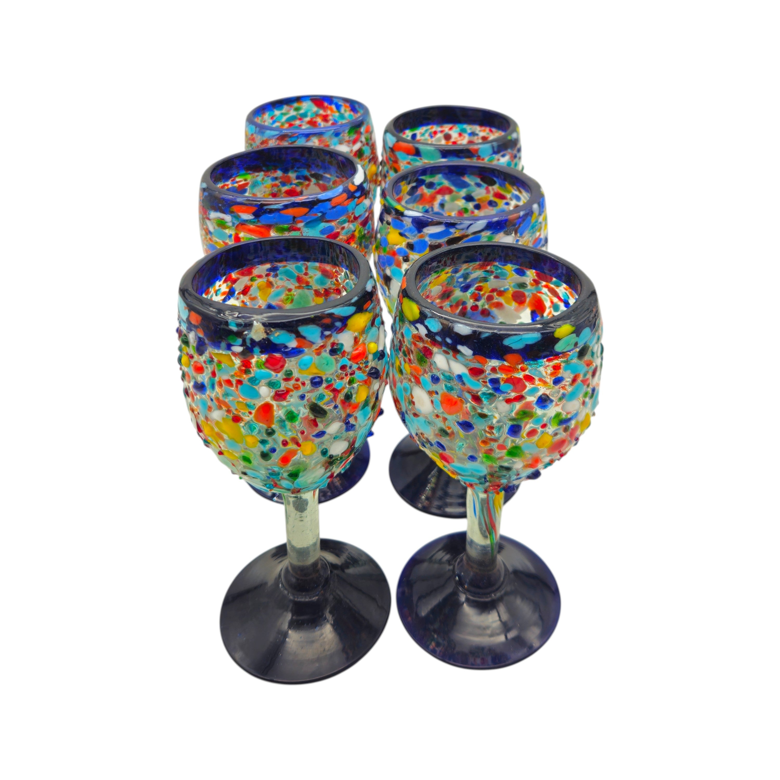 Hand-Blown Mexican Wine Glasses | Blue Rim Confetti Design