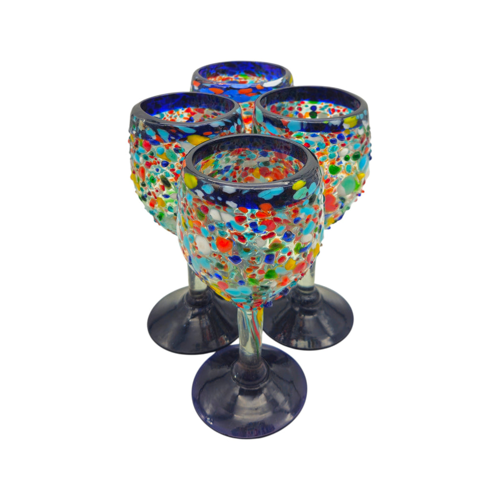 Hand-Blown Mexican Wine Glasses | Blue Rim Confetti Design