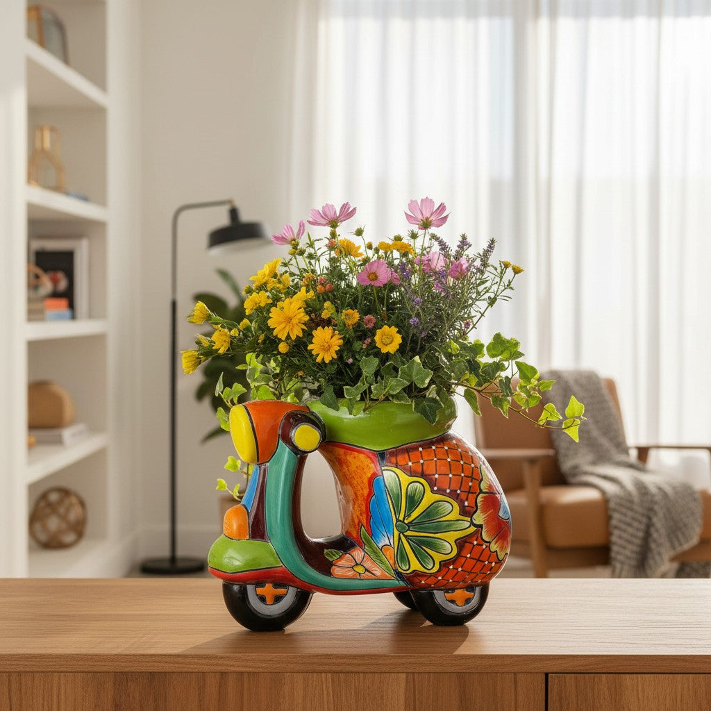 Colorful Talavera Scooter Planter | Ceramic Scooter Statue