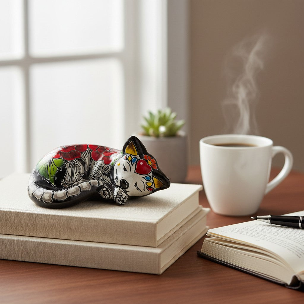 Talavera Sleeping Cat Figurine | Hand-Painted Mexican Decor