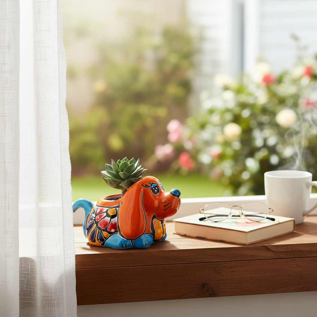 Small Talavera Dog Planter | Mexican Animal Pottery