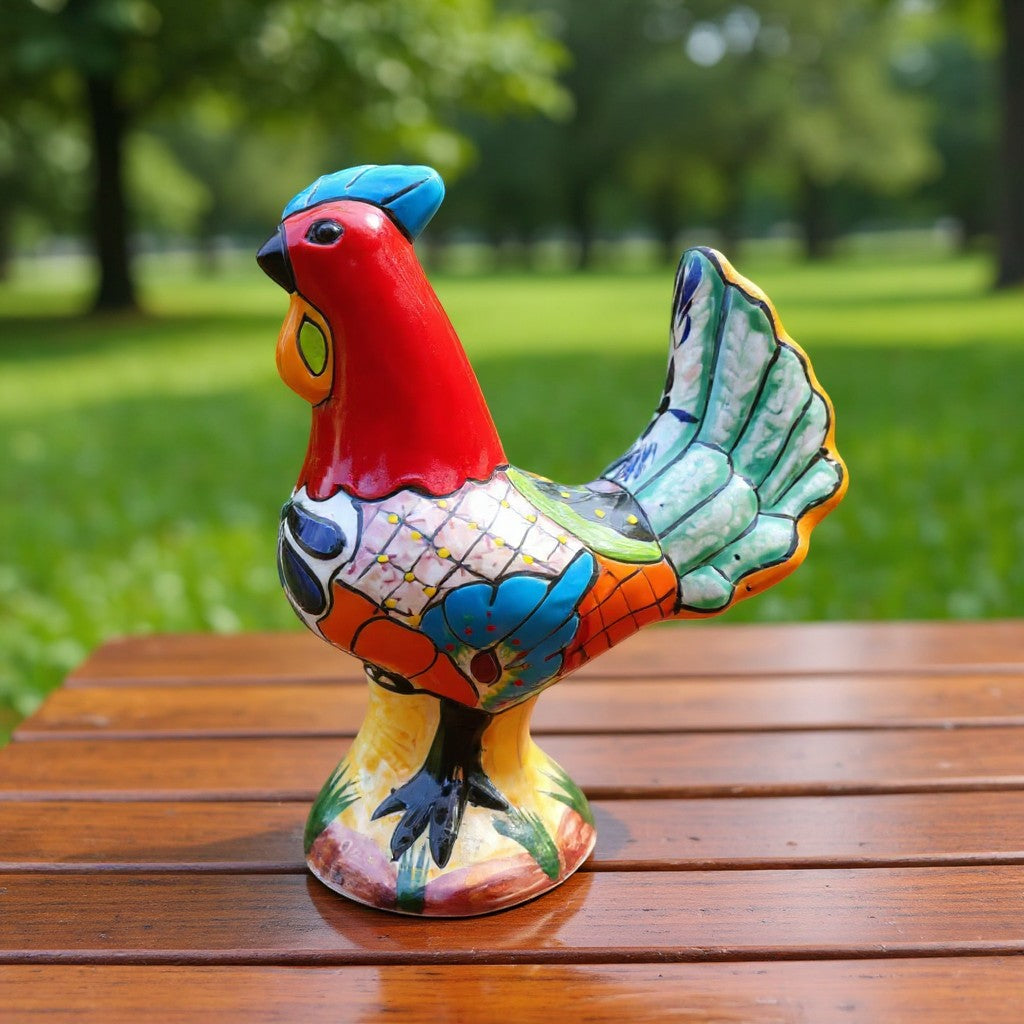 Talavera Rooster Statue | Mexican Folk Art Chicken Decor