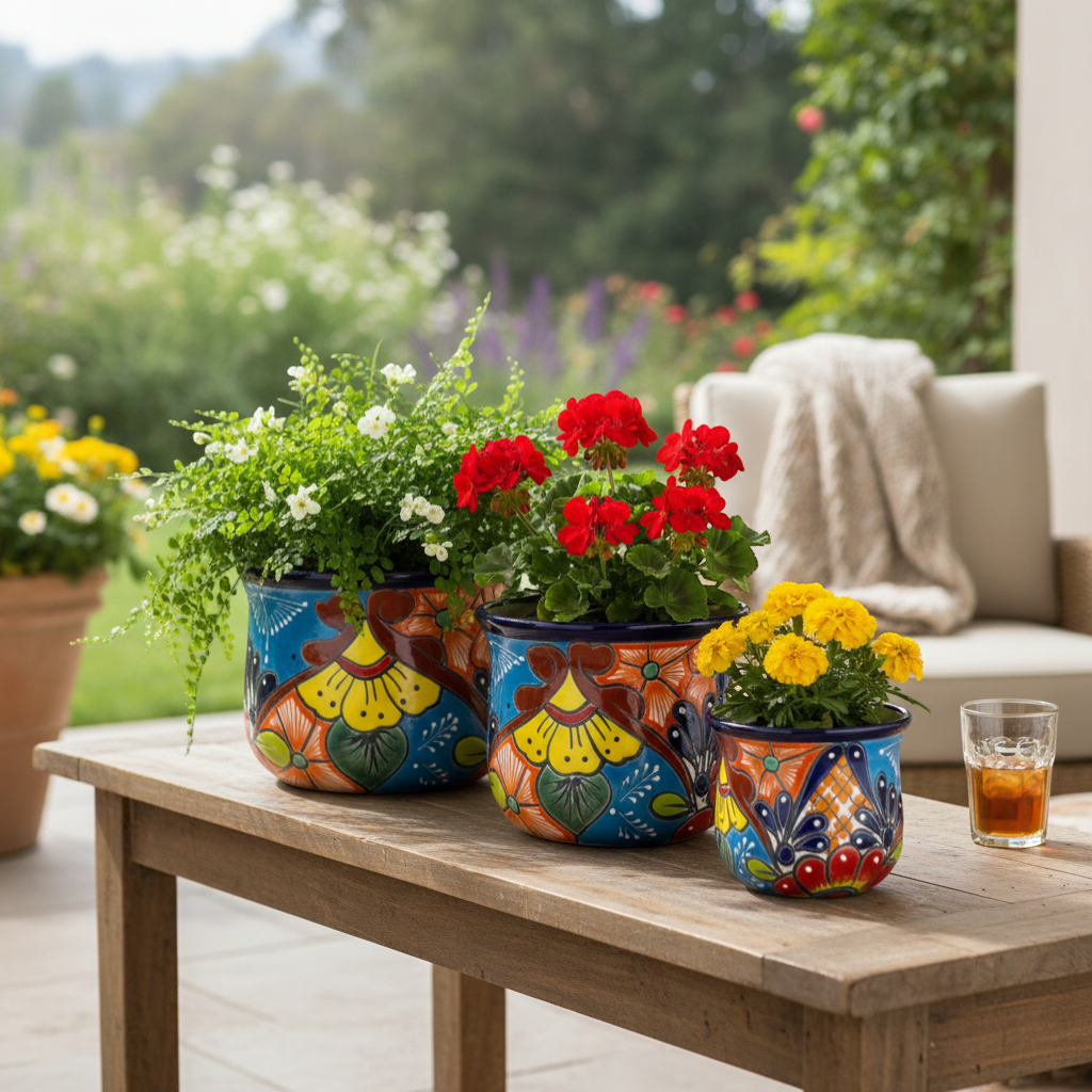 Set of 3 Talavera Flower Pots | Colorful Hand-Painted Mexican Planters