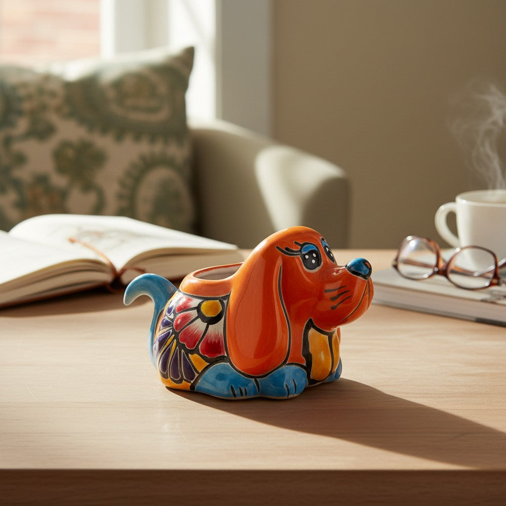 Small Talavera Dog Planter | Mexican Animal Pottery