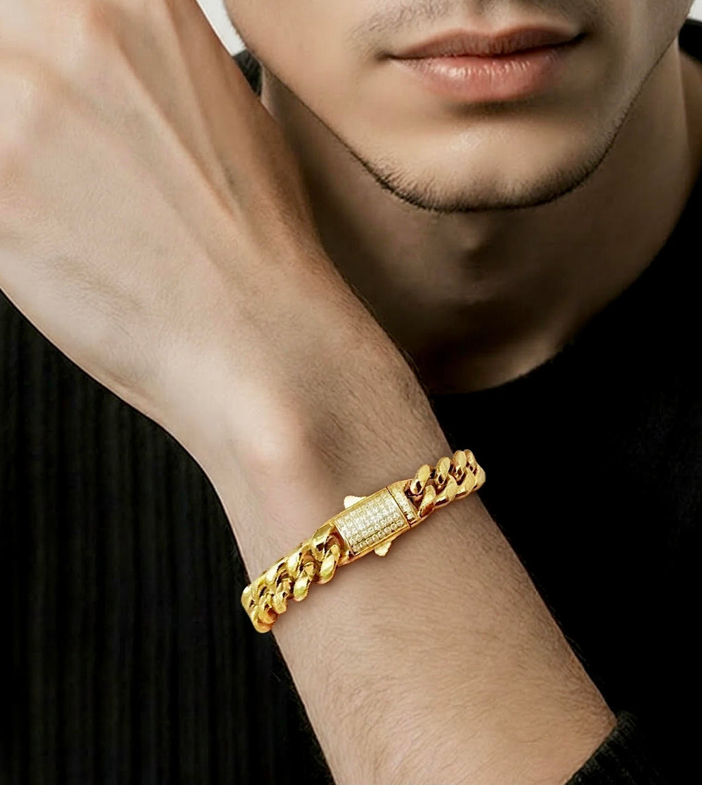 BG810G B.Tiff Gold Pavé Clasp Curb Link Chain Bracelet