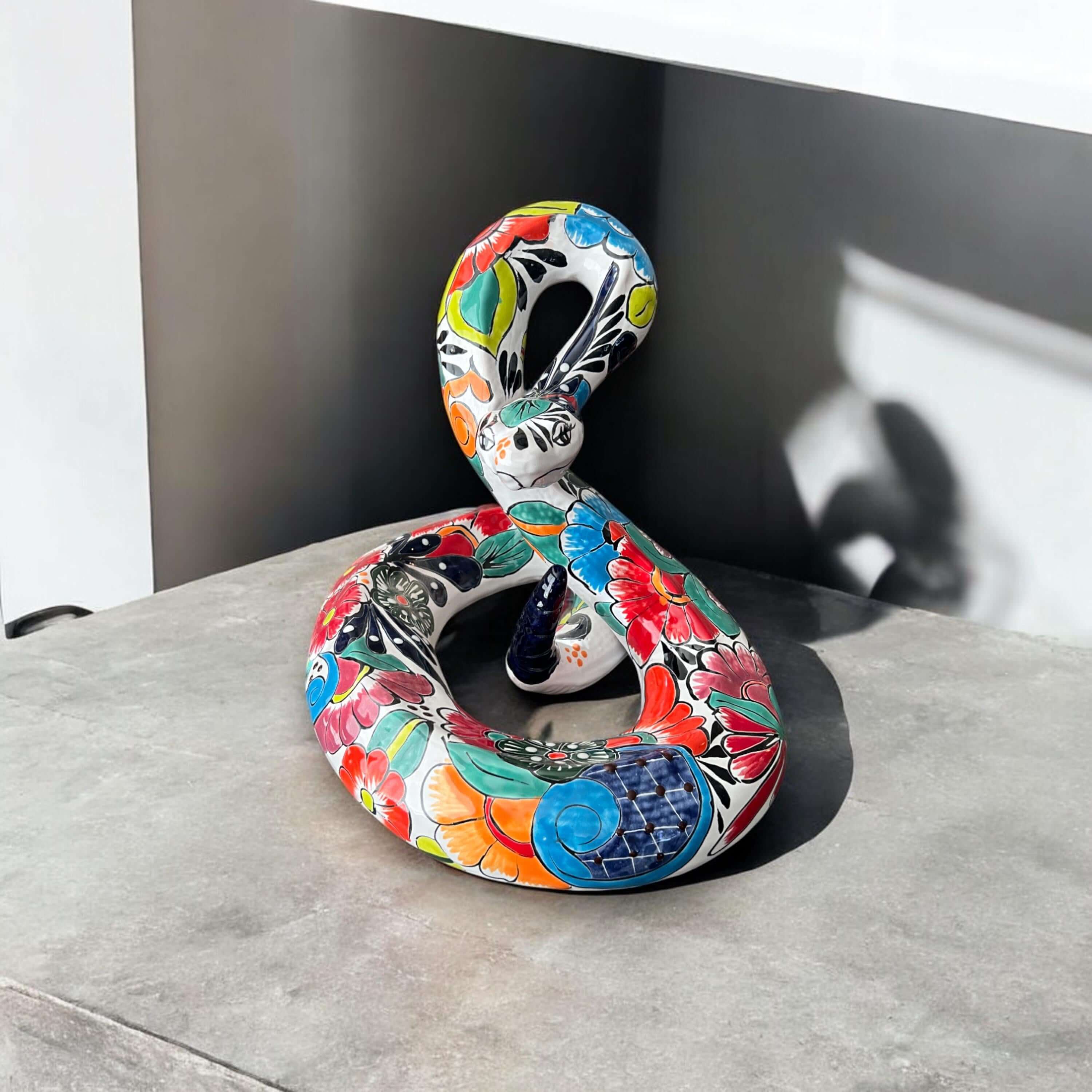 White Talavera Snake Statue | Hand-Painted Mexican Decor